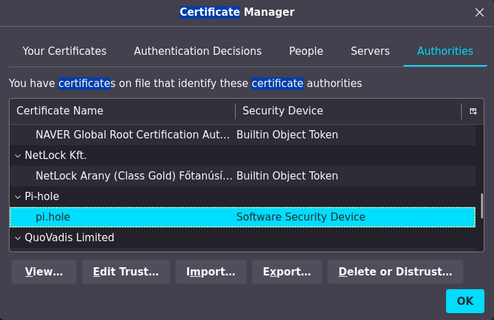 Certificate added in Firefox