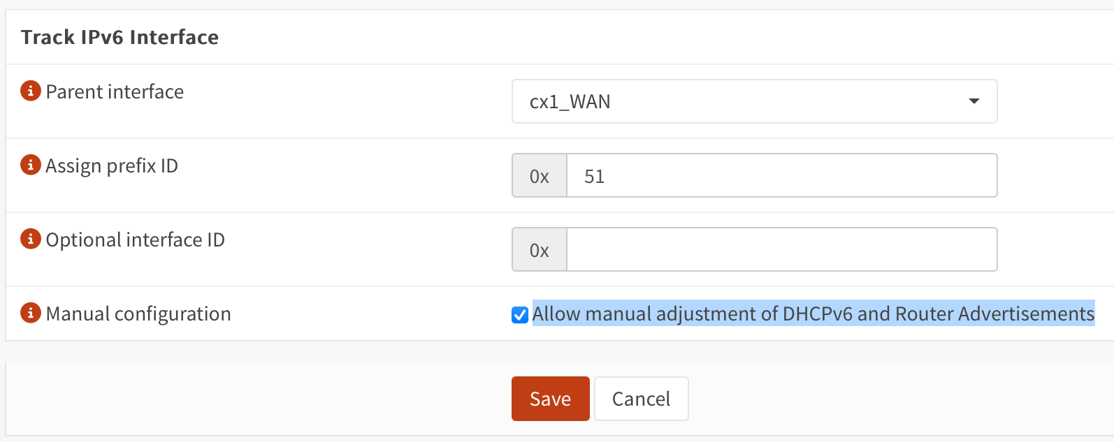 Screenshot of OPNsense IPv6 manual RA Settings